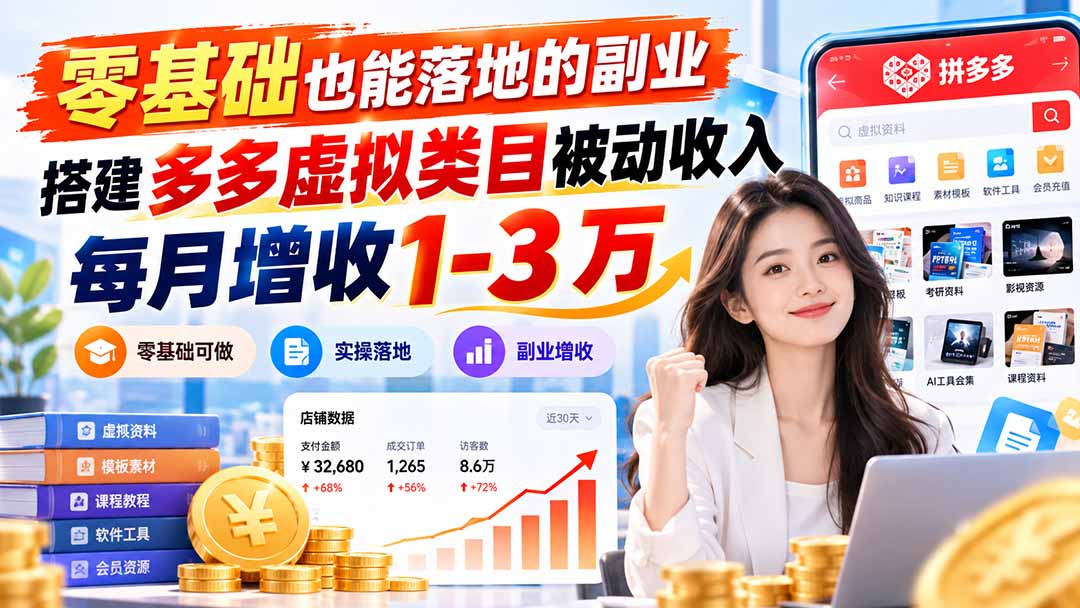 零基础也能落地的副业，搭建多多虚拟类目被动收入，每月增收 1-3 万-优优云创网