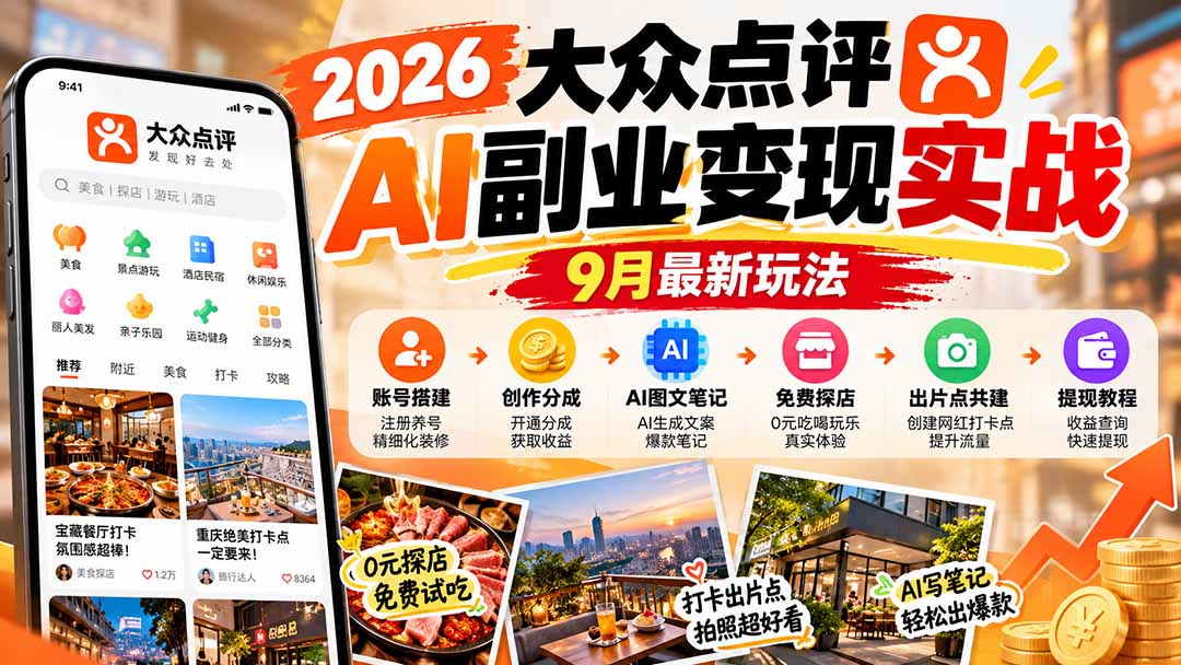 2026大众点评AI副业变现实战9月最新玩法：账号搭建+创作分成+AI图文笔记+免费探店+出片点共建与提现教程-优优云创网