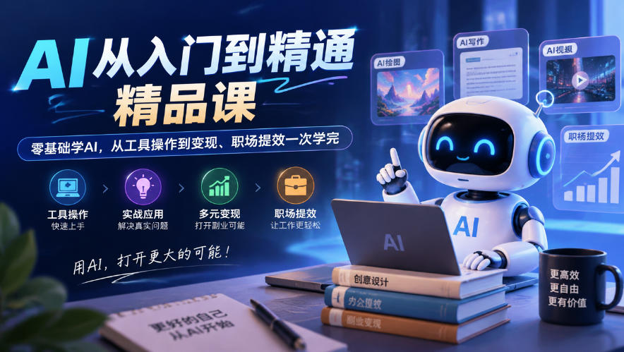 AI从入门到精通精品课，零基础学AI，从工具操作到变现、职场提效一次学完-优优云创网