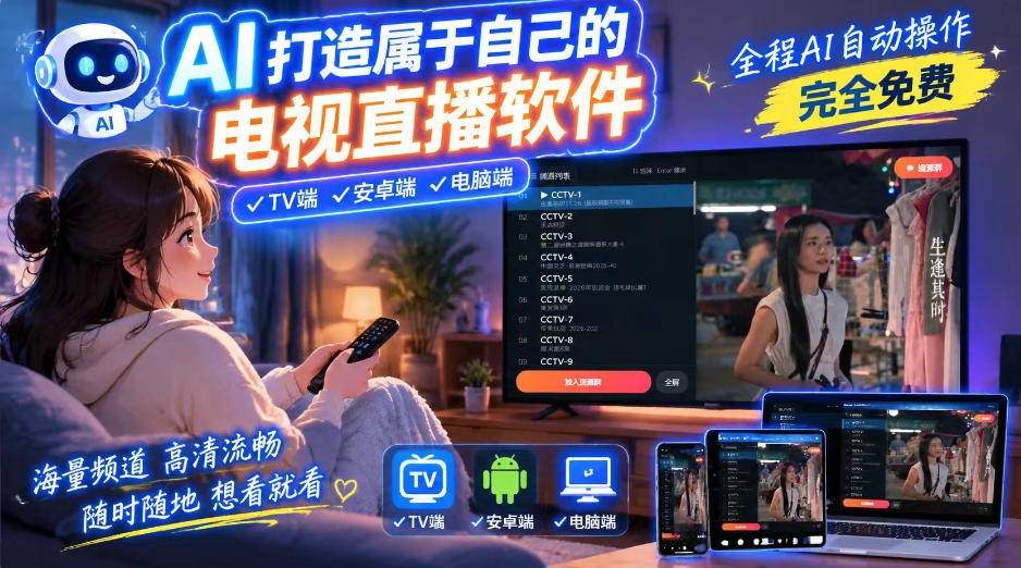 一个提示词，AI全自动做出电视直播软件，电脑、安卓、电视三端通用，完全免费，画质流畅不卡顿-优优云创网