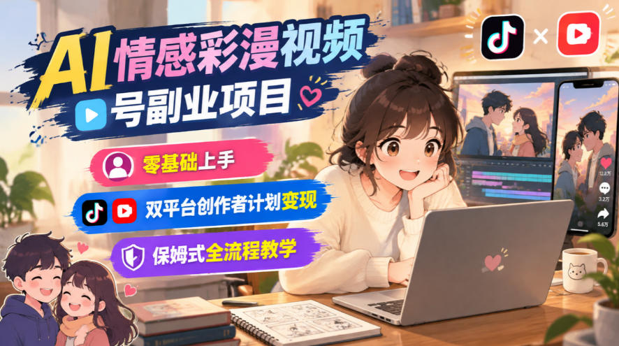 AI情感彩漫视频号副业项目，零基础上手，双平台创作者计划变现，保姆式全流程教学-优优云创网