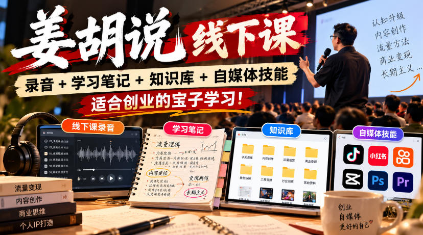 姜胡说线下课录音＋学习笔记＋知识库＋自媒体技能，​适合创业的宝子学习！-优优云创网