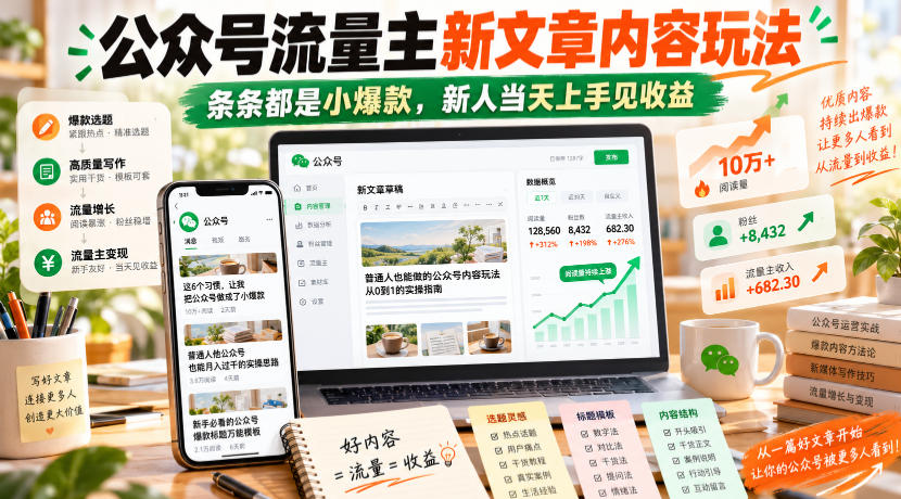 公众号流量主新文章内容玩法，条条都是小爆款，新人当天上手见收益-优优云创网