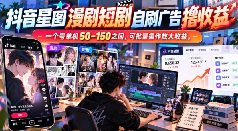 抖音星图漫剧短剧自刷广告撸收益，一个号单机50-150之间，可批量操作放大收益-优优云创网