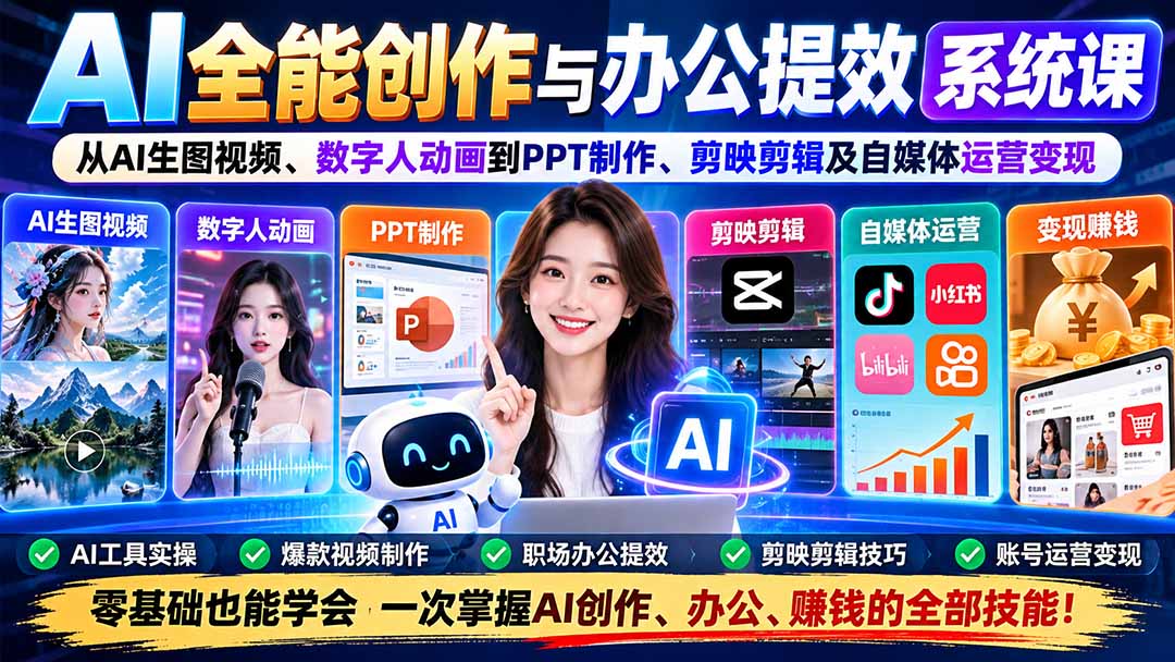 AI全能创作与办公提效系统课:从AI生图视频、数字人动画到PPT制作、剪映剪辑及自媒体运营变现-优优云创网