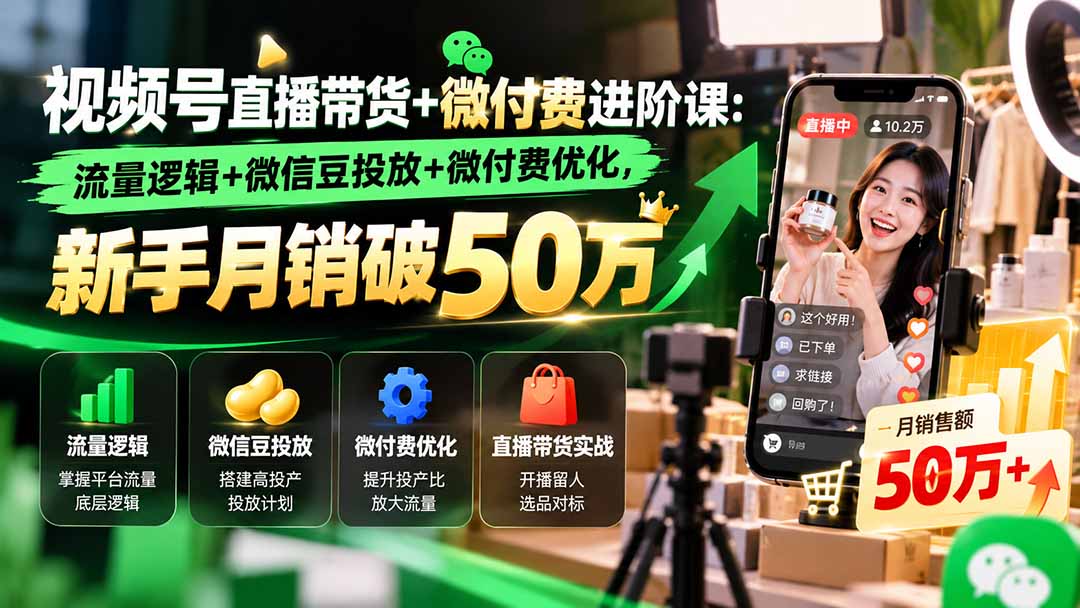 视频号直播带货+微付费进阶课-更新1010：流量逻辑+微信豆投放+微付费优化，新手月销破50万-优优云创网