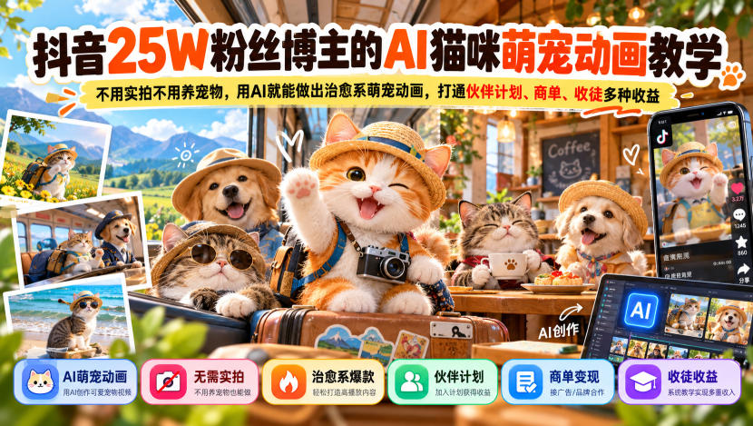抖音25W粉丝博主的AI猫咪萌宠动画教学，不用实拍不用养宠物，用AI就能做出治愈系萌宠动画，打通伙伴计划、商单、收徒多种收益-优优云创网