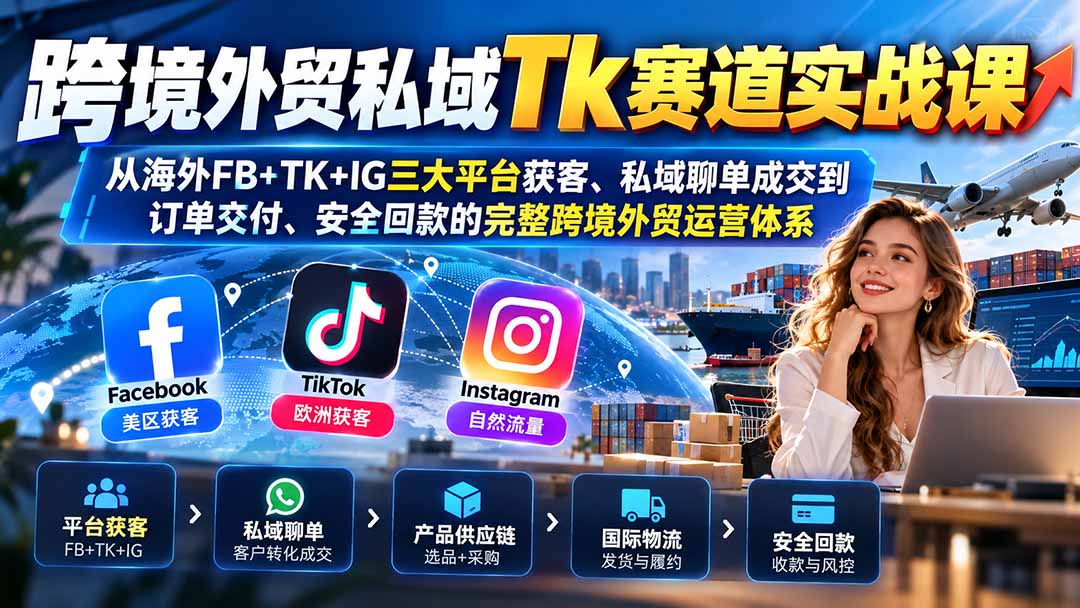 跨境外贸私域Tk赛道实战课：从海外FB+TK+IG三大平台获客、私域聊单成交到订单交付、安全回款的完整跨境外贸运营体系-优优云创网
