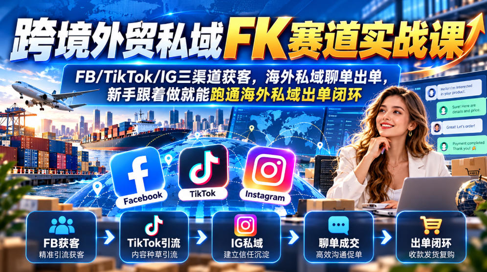 跨境外贸私域FK赛道实战课|FB/TikTok/IG三渠道获客,海外私域聊单出单,新手跟着做就能跑通海外私域出单闭环-优优云创网