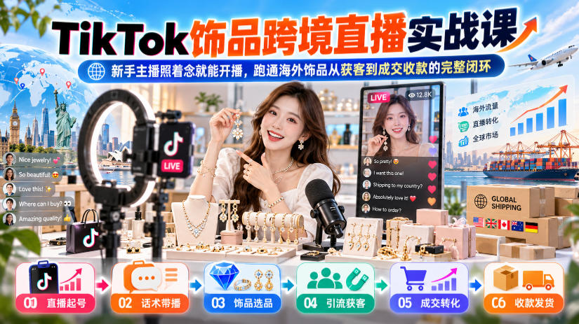 TikTok饰品跨境直播实战课，新手主播照着念就能开播，跑通海外饰品从获客到成交收款的完整闭环-优优云创网