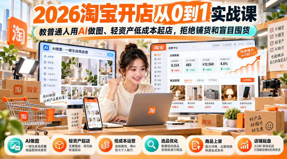2026淘宝开店从0到1实战课,教普通人用AI做图、轻资产低成本起店,拒绝铺货和盲目囤货-优优云创网