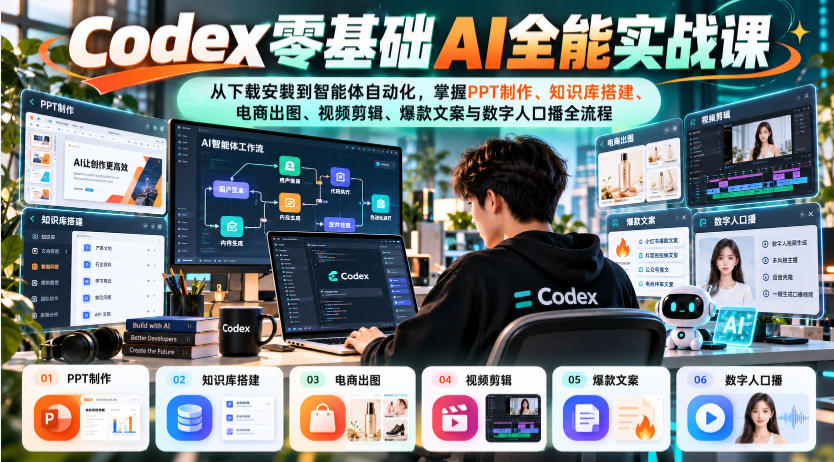 Codex零基础AI全能实战课:从下载安装到智能体自动化,掌握知识库搭建、电商出图、视频剪辑、爆款文案与数字人口播全流程-优优云创网