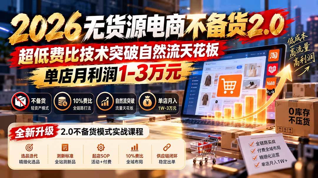 2026无货源电商不备货2.0【更新1010】：超低费比技术突破自然流天花板，单店月利润1-3万元-优优云创网