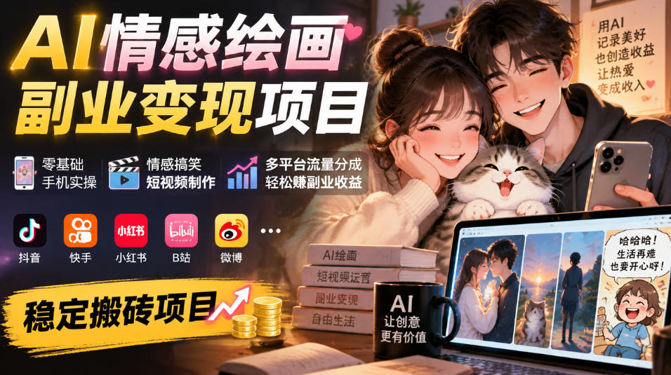 AI情感绘画副业变现项目|零基础手机实操,情感搞笑短视频制作,多平台流量分成轻松賺副业收益-优优云创网