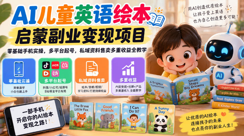 AI儿童英语绘本启蒙副业变现项目,零基础手机实操,多平台起号,私域资料售卖多重收益全教学-优优云创网