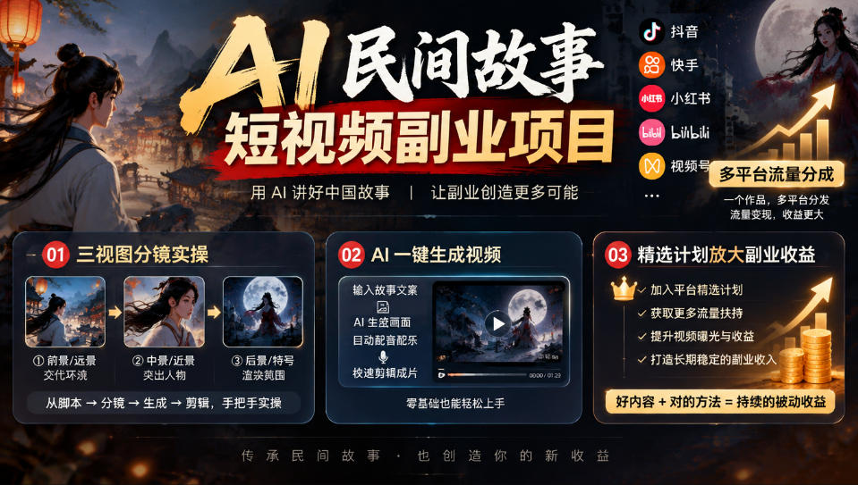 AI民间故事短视频副业项目,多平台流量分成,三视图分镜实操,精选计划放大副业收益-优优云创网