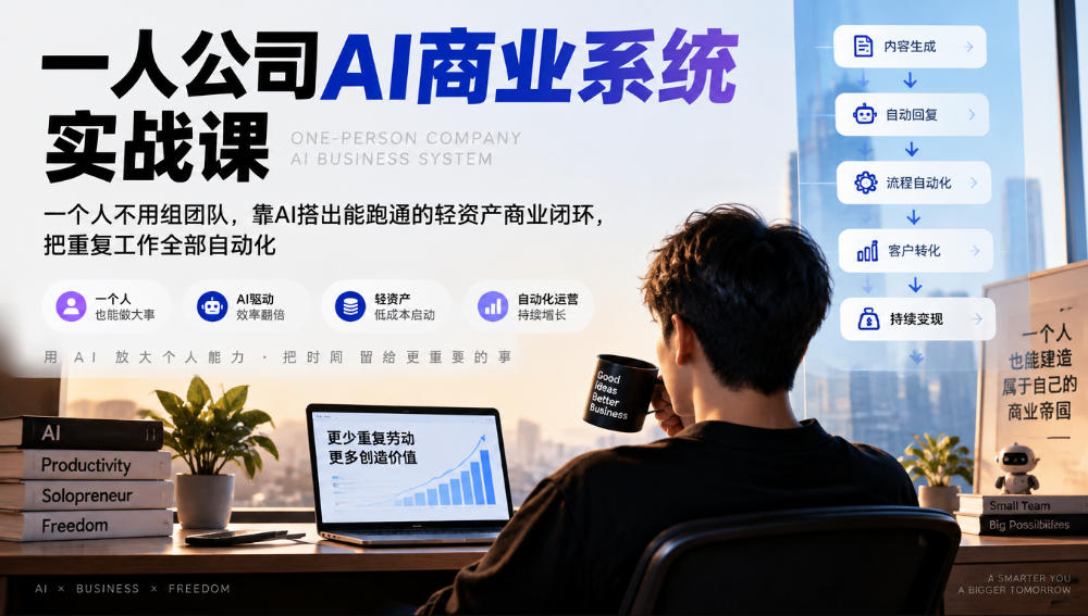 20261011121533272-247d2bf022d4df5b6c1a71f11bc8cf85 一人公司AI商业系统实战课,一个人不用组团队,靠AI搭出能跑通的轻资产商业闭环,把重复工作全部自动化