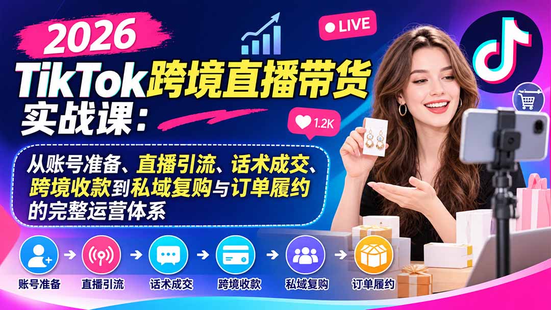 2026TikTok跨境直播带货实战课：从账号准备、直播引流、话术成交、跨境收款到私域复购与订单履约的完整运营体系-优优云创网