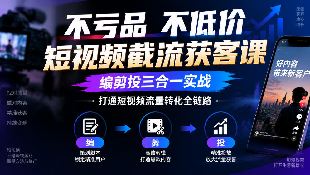 不亏品不低价短视频截流获客课,编剪投三合一实战,打通短视频流量转化全链路-优优云创网