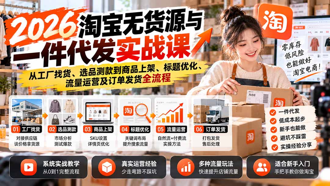 2026淘宝无货源与一件代发实战课:从工厂找货、选品测款到商品上架、标题优化、流量运营及订单发货全流程-优优云创网
