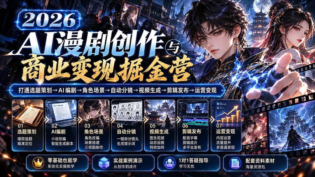 【无水印】2026AI漫剧创作与商业变现掘金营：打通选题→AI编剧→角色场景→自动分镜→视频生成→剪辑发布→运营变现-优优云创网