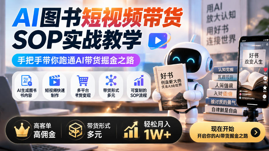 AI图书短视频带货SOP实战教学，手把手带你跑通AI带货掘金之路，高客单高佣金，带货形式多元，轻松月入1W+-优优云创网