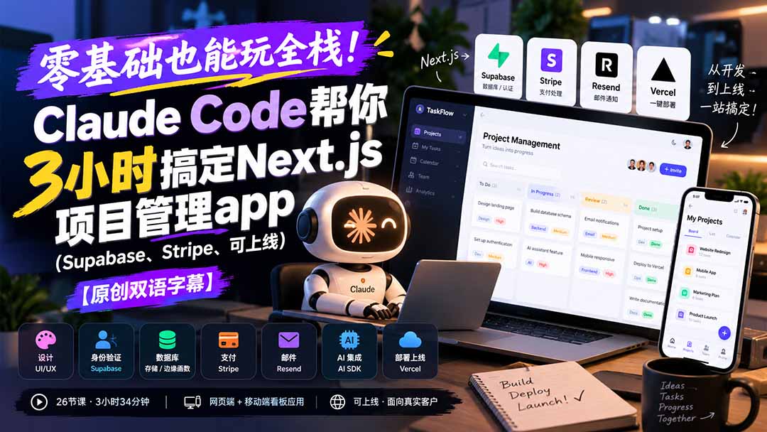 零基础也能玩全栈！Claude Code帮你3小时搞定Next.js项目管理app(Supabase、Stripe、可上线-优优云创网