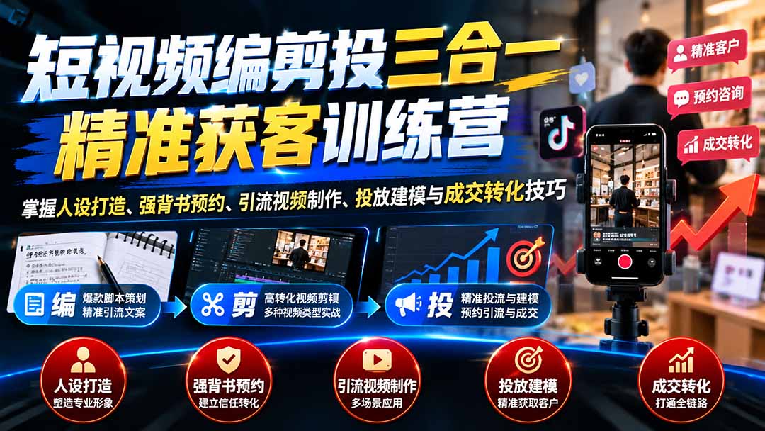 短视频编剪投三合一精准获客训练营:掌握人设打造、强背书预约、引流视频制作、投放建模与成交转化技巧-优优云创网