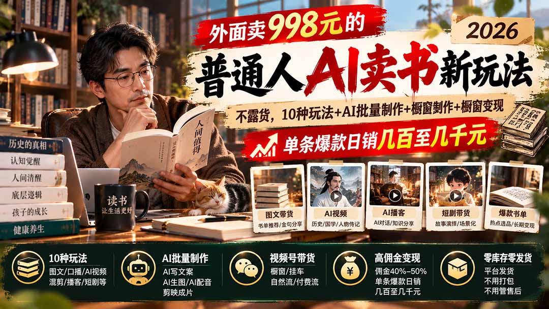 外面卖998元的2026普通人AI卖书新玩法：不露脸、不囤货，10种玩法+AI批量制作+橱窗变现，单条爆款日销几百至几千元-优优云创网