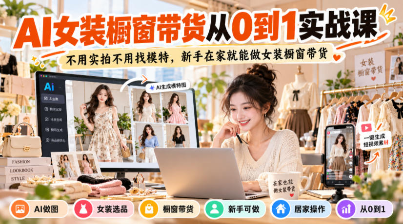 AI女装橱窗带货从0到1实战课,不用实拍不用找模特,新手在家就能做女装橱窗带货-优优云创网