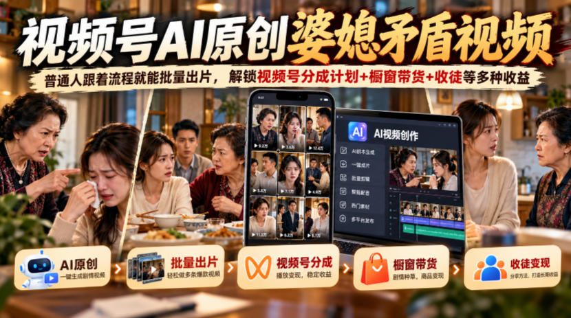 视频号ai原创婆媳矛盾视频，普通人跟着流程就能批量出片，解锁视频号分成计划+橱窗带货+收徒等多种收益-优优云创网