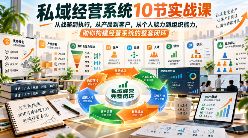 私域经营系统10节实战课，从战略到执行，从产品到客户，从个人能力到组织能力，助你构建经营系统的整套闭环-优优云创网