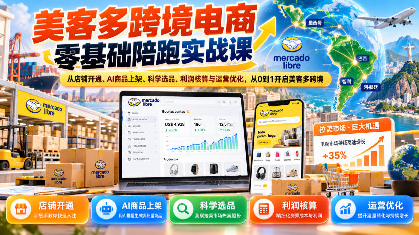 美客多跨境电商零基础陪跑实战课：从店铺开通、AI商品上架、科学选品、利润核算与运营优化，从0到1开启美客多跨境-优优云创网