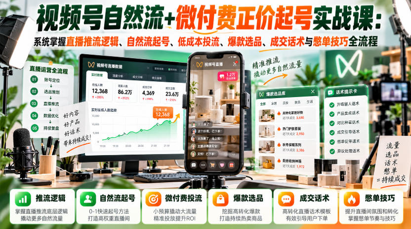 视频号自然流+微付费正价起号实战课：系统掌握直播推流逻辑、自然流起号、低成本投流、爆款选品、成交话术与憋单技巧全流程-优优云创网