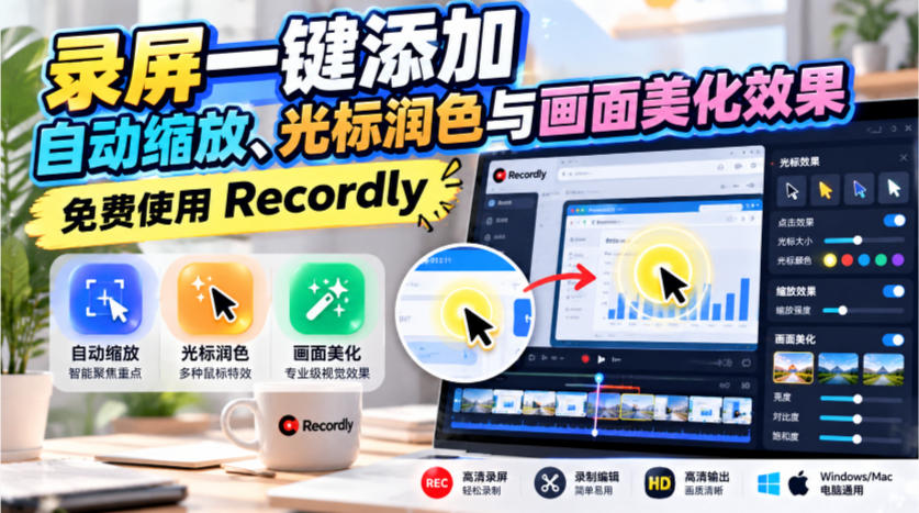 20261013121535705-98bc716c7f953d82f0f2ffbc8a1280dc 录屏一键添加自动缩放、光标润色与画面美化效果,免费使用Recordly