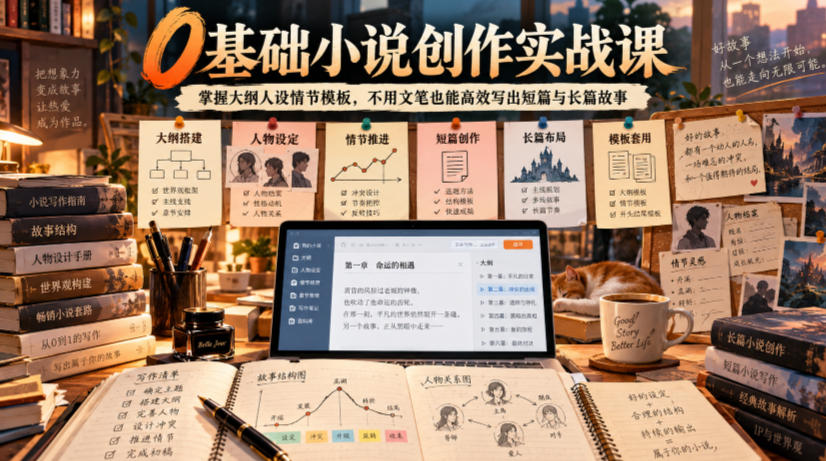 20261013121733332-4e2ffd1aef83c9fe25716aac24eed94e 0基础小说创作实战课|掌握大纲人设情节模板,不用文笔也能高效写出短篇与长篇故事