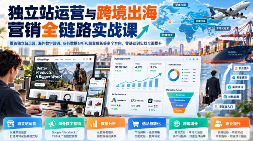 独立站运营与跨境出海营销全链路实战课，覆盖独立站运营、海外数字营销、业务数据分析和职业成长等多个方向，零基础到实战全面提升-优优云创网