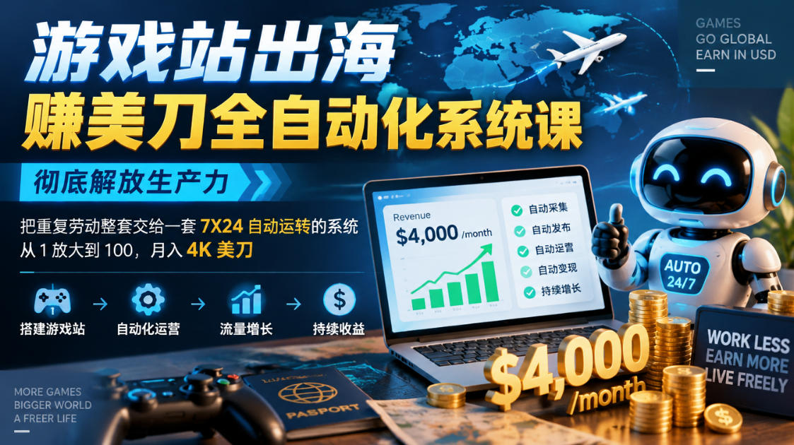 游戏站出海賺美刀全自动化系统课,彻底解放生产力–把重复劳动整套交给一套7X24自动运转的系统,从1放大到100,月入4K美刀-优优云创网