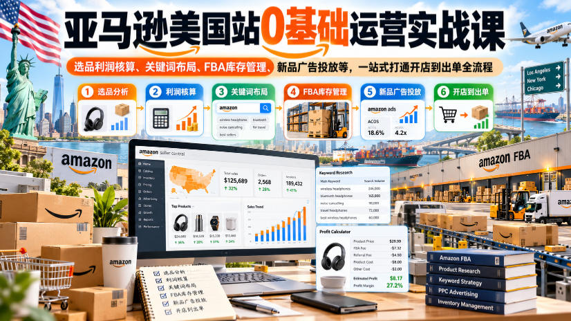 亚马逊美国站0基础运营实战课|选品利润核算、关键词布局、FBA库存管理、新品广告投放等,一站式打通开店到出单全流程-优优云创网
