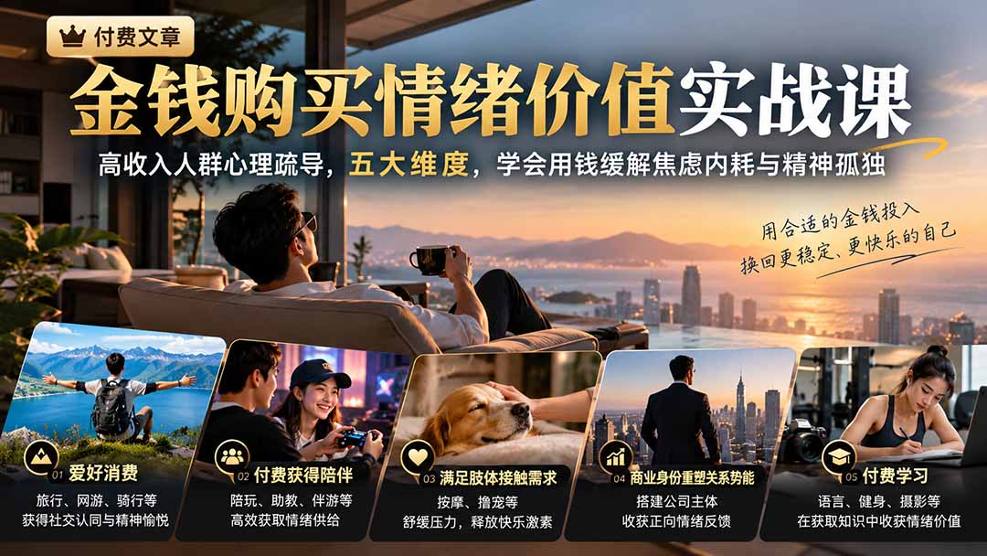 付费文章:金钱购买情绪价值实战课|高收入人群心理疏导,五大维度,学会用钱缓解焦虑内耗与精神孤独-优优云创网
