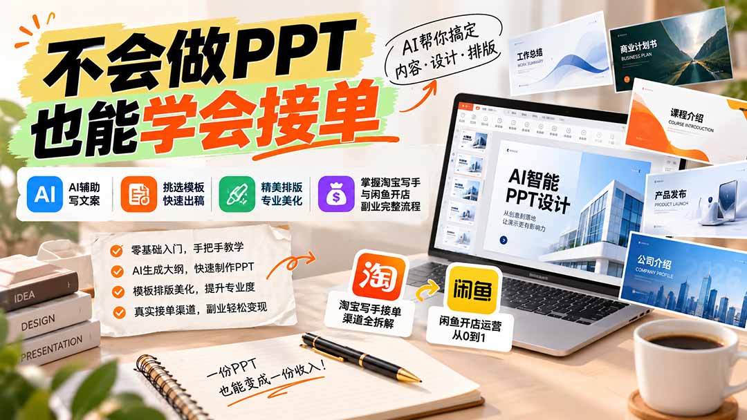 不会做PPT也能学会接单:AI辅助写文案、挑模板、做排版,掌握淘宝写手与闲鱼开店副业完整流程-优优云创网
