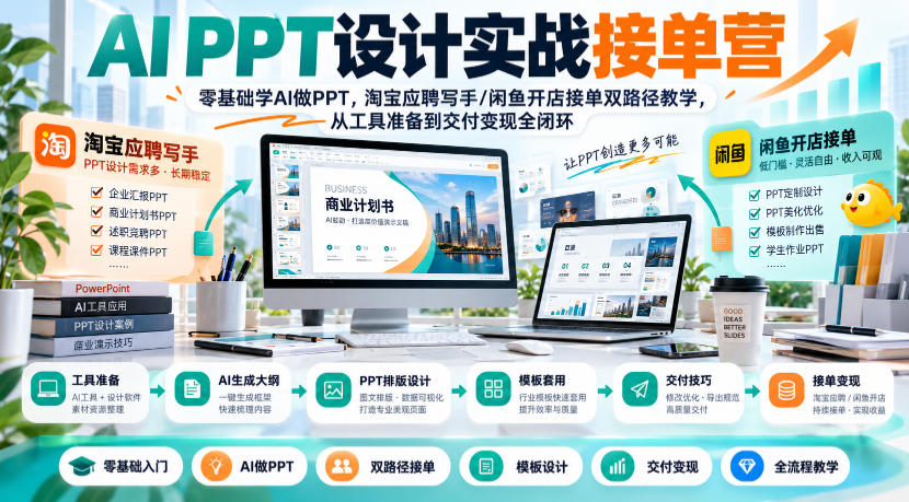 AI PPT设计实战接单营|零基础学AI做PPT,淘宝应聘写手/闲鱼开店接单双路径教学,从工具准备到交付变现全闭环-优优云创网