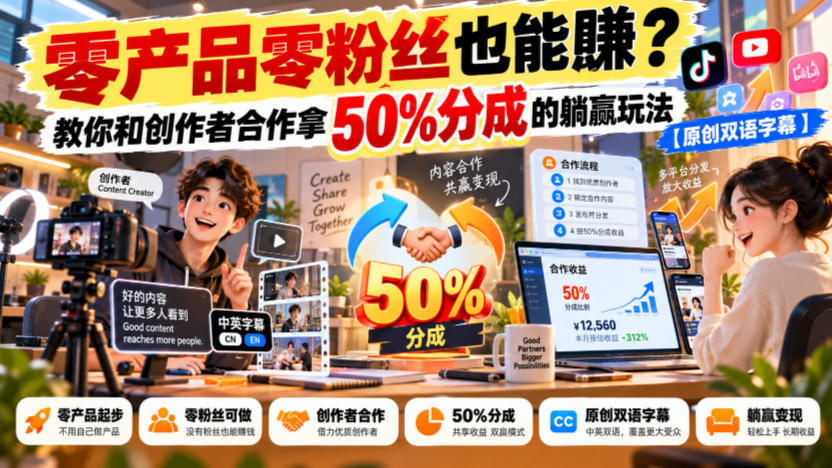 【无水印】零产品零粉丝也能賺？教你和创作者合作拿50%分成的躺赢玩法【原创双语字幕】-优优云创网