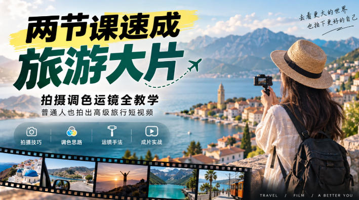 两节课速成旅游大片|拍摄调色运镜全教学,普通人也拍出高级旅行短视频-优优云创网