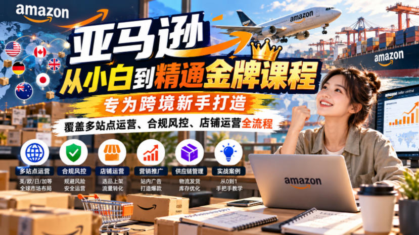 亚马逊从小白到精通金牌课程,专为跨境新手打造,覆盖多站点运营、合规风控、店铺运营全流程-优优云创网