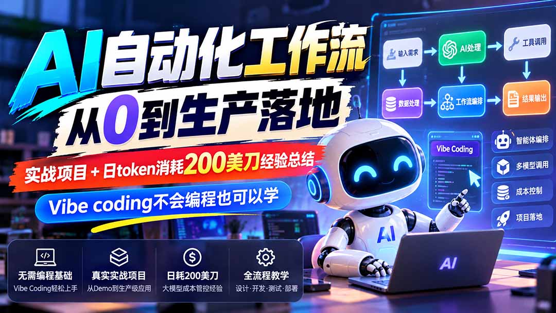 【无水印】AI自动化工作流从0到生产落地，实战项目+日token消耗200美刀经验总结，Vibe coding不会编程也可以学-优优云创网