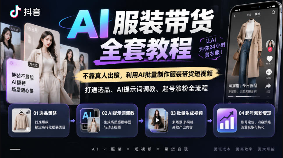 抖音AI服装带货全套教程，不靠真人出镜，利用AI批量制作服装带货短视频，打通选品、AI提示词调教、起号涨粉全流程-优优云创网