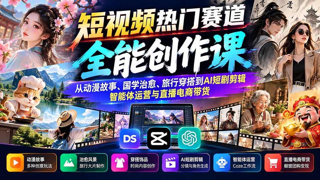 短视频热门赛道全能创作课：从动漫故事、国学治愈、旅行穿搭到AI短剧剪辑、智能体运营与直播电商带货-优优云创网