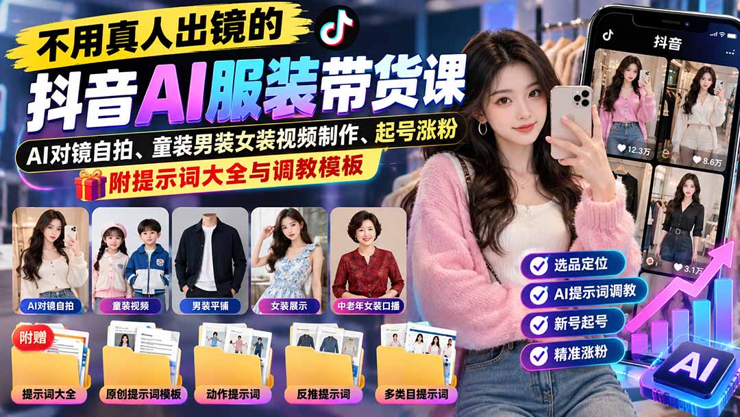 不用真人出镜的抖音AI服装带货课：AI对镜自拍、童装男装女装视频制作、起号涨粉，附提示词大全与调教模板-优优云创网