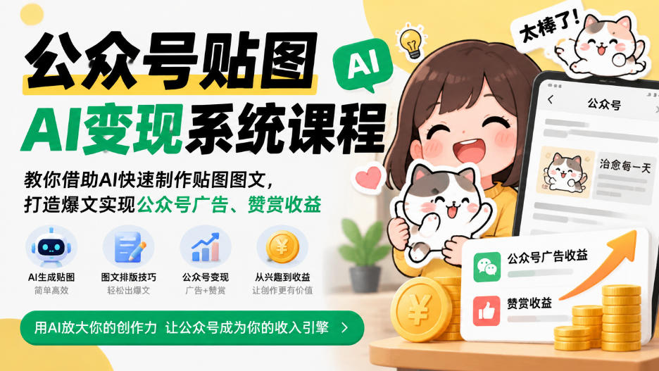 公众号贴图AI变现系统课程｜教你借助AI快速制作贴图图文，打造爆文实现公众号广告、赞赏收益-优优云创网